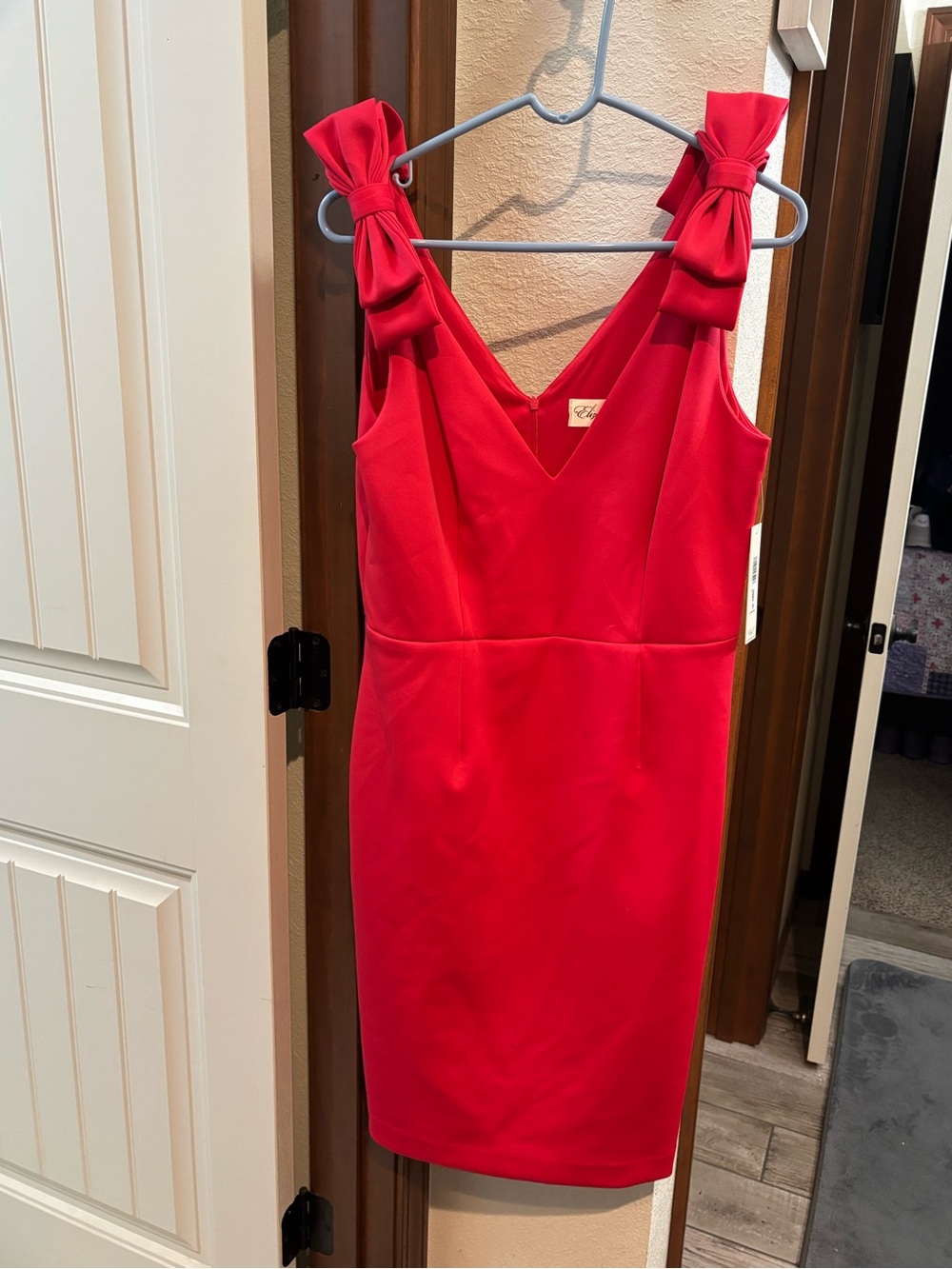 Eliza J Red Bow-Shoulder Midi Sheath Dress